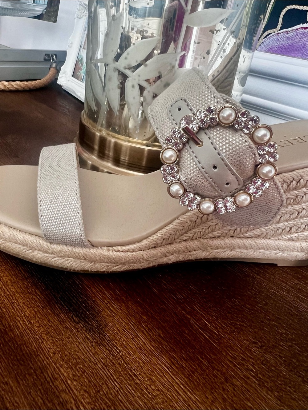 J. Crew Cream Espadrille Wedge Sandals with Jeweled Pearl Buckle - Picture 4 of 4